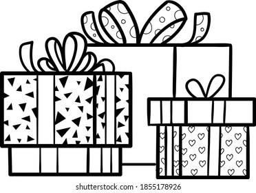 Outline Christmas or birthday presents gifts with big bow ribbon black and white clip art vector illustration ou transparent background