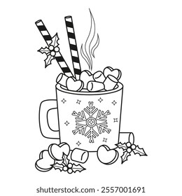 Outline Christmas cup Festive Hot Cocoa with Marshmallows, sweet striped candy and holly. Vector illustration. New Year. Line drawing, coloring book. Vector illustration. Kids collection  