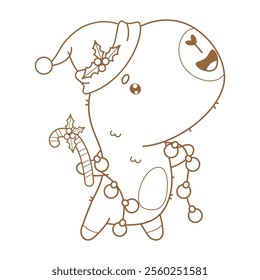 Outline Christmas cute capybara in Santa hat with  garland. New Year Funny cartoon kawaii character animal. Line drawing, coloring book. Vector illustration. Kids collection