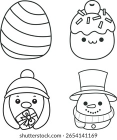 Outline of christmas with egg shape. outline of penguin and snowman