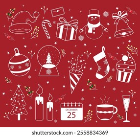 Outline Christmas Element on Red Background