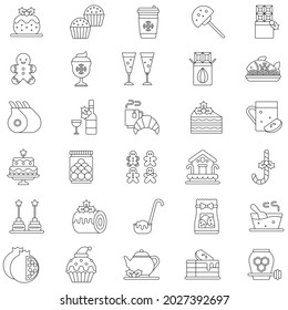 Outline Christmas food and drinks flat icon collection set 
