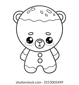 Outline Christmas gingerbread bear. Cute Festive sweet kawaii cartoon character cookie. Line drawing, coloring book. Vector illustration. Kids collection