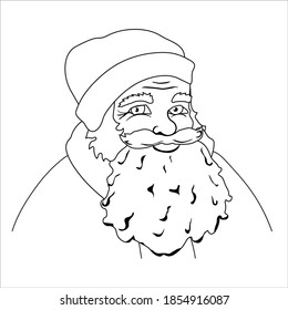 Outline Christmas and New Year minimalistic illustration. Kind and friendly smiling Santa Claus isolated on white background. Page of a children's coloring book