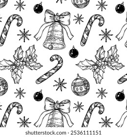 outline Christmas pattern with candy cane and bells, snowflakes. 