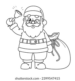 Esbozo Papá Noel de Navidad sonando las campanas con una bolsa de regalos. Página del libro de colorear para niños. Color el contorno del carácter de Navidad. Ilustración vectorial de Año Nuevo aislada en blanco y negro.