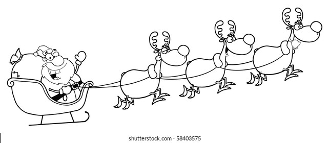 Outline Of Christmas Santa Sleigh And Reindeer