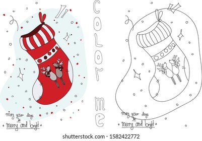 Outline christmas sock with deers . Coloring. Black and white cartoon character. Vector illustration on white background. Merry Christmas coloring book. A game for children.