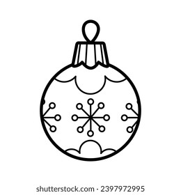 Outline Christmas tree ball with snowflakes. Page of kids coloring book. Color the contour Xmas spruce decoration. Isolated black and white holiday New Year vector illustration on a white background.