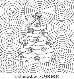 Outline of a Christmas tree with balls on the background of circles that look like fireworks. Cute coloring, decor, holiday card, vector.