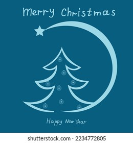 Outline Christmas tree with a crescent moon and a star at the end. Creative and stylish greeting card with inscription Merry Christmas and Happy New Year. Muslim New Year.