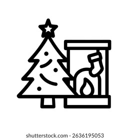 Outline Christmas Tree and Fireplace Decoration Minimalist Icon