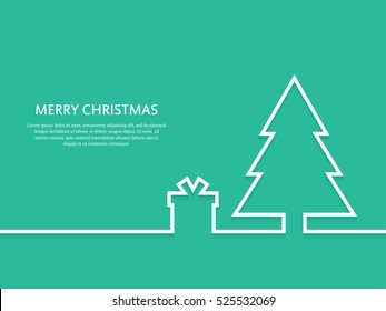 Outline Christmas tree with gift box. Minimal Christmas abstract background. Christmas greeting card. Vector illustration.