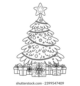 Outline Christmas tree with gifts. Page of kids coloring book. Color the contour big New Year spruce decorated with Xmas decorations, garlands. Isolated vector illustration for winter holiday design.