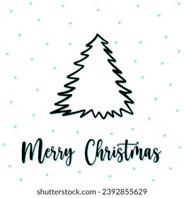 Outline Christmas tree greeting card with Merry Christmas lettering. Outline xmas tree with fir needles and snowfall. Outline thin line fir tree in grunge style. Doodle outline spruce, funny xmas tree