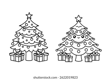 Umriss Weihnachtsbaum Linie Zeichnung, Schwarz-Weiß festliche Vektorkunst.