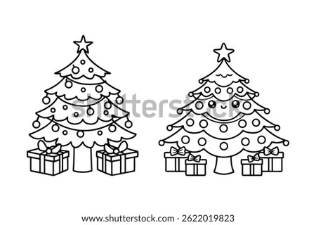 Outline Christmas Tree Line Drawing, Black and White Festive Vector Art.
