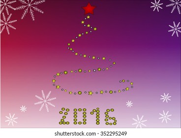 An outline of Christmas tree with red star on the bright purple background.Vector card