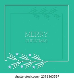 Outline of a Christmas tree with toys. Fir branch on a green background. Christmas card with wishes of a Merry Christmas. Minimal background. Vector illustration.