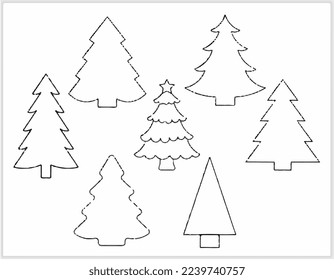 Outline of Christmas trees of different shapes on a white background