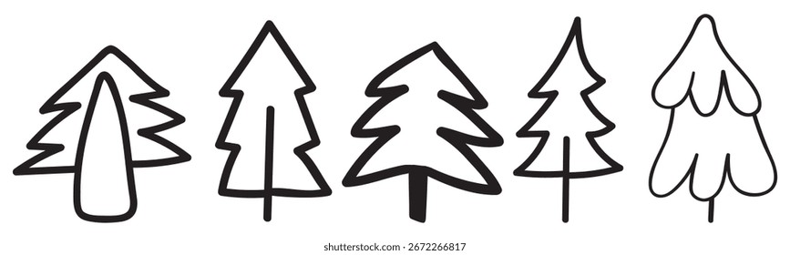 Outline Christmas trees. Vector illustrations. Isolated hand drawn icons on white background.