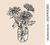 Outline Chrysanthemum bouquet in a glass vase or jar. Hand drawn Vector illustration. Elegant one continuous line style. Isolated floral design element. Poster, print, card, decoration template