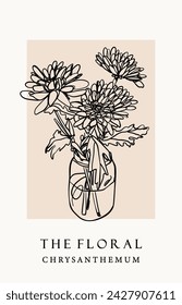 Outline Chrysanthemum bouquet in a glass vase or jar. Hand drawn Vector illustration. Elegant one continuous line style. Isolated floral design element. Poster, print, card, decoration template