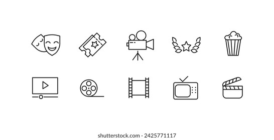 Outline cinema buttons. Icons of ticket, camera, star, popcorn, play button, movie strip, TV, button design for cinematography. Vector icons