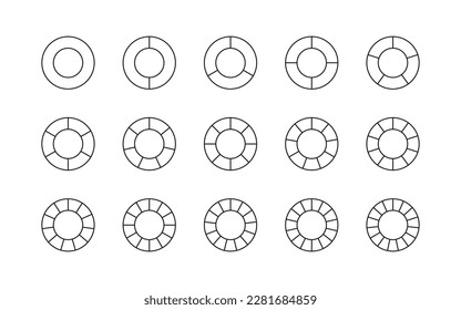 Outline circle chart. Round structure template with elements. Circular section graph. Pie diagram divided into pieces. Set schemes with sectors. Piechart with segments and slices. Vector illustration