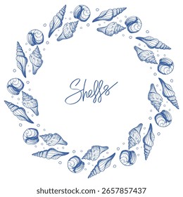 Contorno de quadro de círculo com conchas marinhas desenhadas em linha de arte mínima.
Ilustração desenhada à mão vetor para rótulos de praia, marca ecológica e embalagem de produto natural