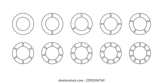 Outline circle section template. Circular structure chart. Set schemes with sectors. Ring graph divided into pieces. Pie diagram. Piechart with segments and slices. Vector illustration