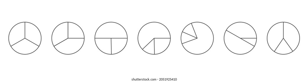 Outline circles divided in 3 segments isolated on white background. Pie or pizza round shapes cut in different three slices. Simple statistical infographic examples. Vector linear illustration