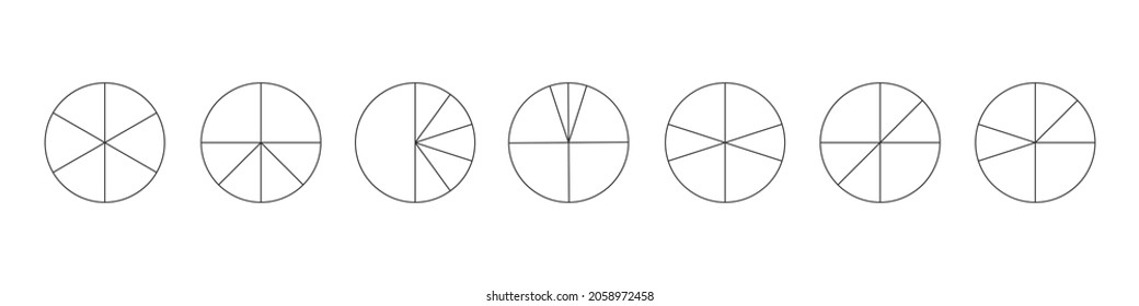 Outline circles separated in 6 segments isolated on white background. Pie or pizza round shapes cut in different six slices. Simple statistical infographic examples. Vector linear illustration.