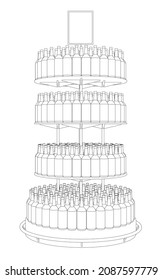The outline of a circular counter with many bottles. Bottled drinks store counter. Front view. Vector illustration