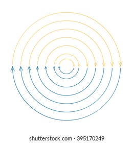 Outline circular infographic arrows with different radius. Arrows for charts, diagrams with 2 steps, parts. Vector design element.