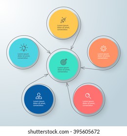 Outline circular infographic with central element. Chart, diagram, scheme, graph with 5, 6 steps, options, parts, processes with arrows. Vector design element.