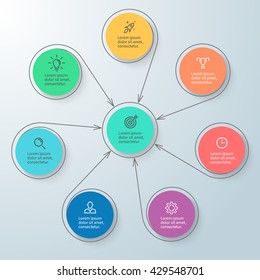 Outline circular infographic with central element. Chart, diagram, scheme, graph with 7, 8 steps, options, parts, processes with arrows. Vector design element.