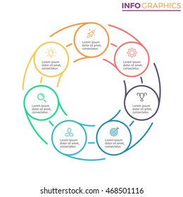 Outline circular infographic element with 7 steps, options, parts. Vector template.