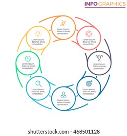 Outline circular infographic element with 8 steps, options, parts. Vector template.