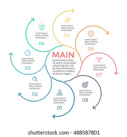 Outline circular infographic element with 8 steps, arrows, parts. Vector template.