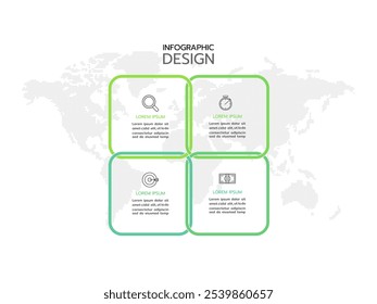 Outline circular infographic element. Linear flat chart, diagram, scheme, graph with 4 steps, options, parts, processes with arrows. Vector rounded square.