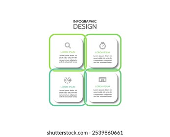 Outline circular infographic element. Linear flat chart, diagram, scheme, graph with 4 steps, options, parts, processes with arrows. Vector rounded square.