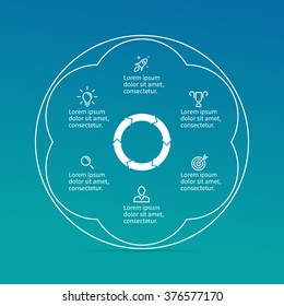 Outline circular infographic element. Linear chart, diagram, scheme, graph with 6 steps, options, parts, processes with arrows in the center. Vector thin line design element.