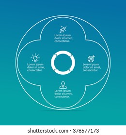 Outline circular infographic element. Linear chart, diagram, scheme, graph with 4 steps, options, parts, processes with arrows in the center. Vector thin line design element.