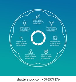 Outline circular infographic element. Linear chart, diagram, scheme, graph with 7 steps, options, parts, processes with arrows in the center. Vector thin line design element.