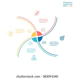 Outline circular infographic element. Linear flat chart, diagram, scheme, graph with 4 steps, options, parts, processes with twisted sections. Vector thin line design element.