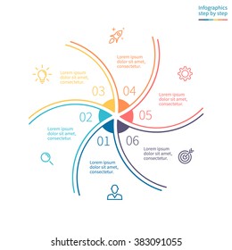Outline circular infographic element. Linear flat chart, diagram, scheme, graph with 6 steps, options, parts, processes with twisted sections. Vector thin line design element.