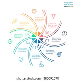 Outline circular infographic element. Linear flat chart, diagram, scheme, graph with 8 steps, options, parts, processes with twisted sections. Vector thin line design element.