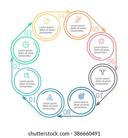Outline circular infographic element. Linear flat chart, diagram, scheme, graph with 8 steps, options, parts, processes with arrows. Vector design element.