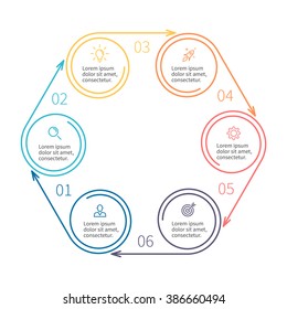 Outline circular infographic element. Linear flat chart, diagram, scheme, graph with 6 steps, options, parts, processes with arrows. Vector design element.